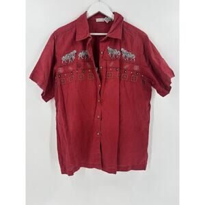 Cabin Creek Vintage Button Down Shirt Womens 1X Red Linen Cotton Safari Zebra